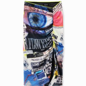 Aangerimpelde slim fit midirok met collage - BLACK - XS