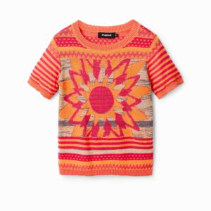 Gebreid T-shirt met bloem - ORANGE - XS