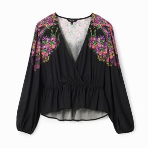 Wikkelblouse met digitale bloemenprint - BLACK - M