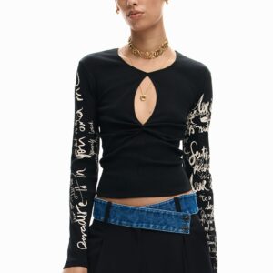 T-shirt met opening en lettering - BLACK - XL