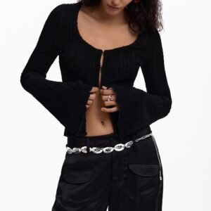 T-shirt met drukknoopsluiting en strik - BLACK - M