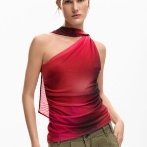 T-shirt met knoopdecolleté - RED - M