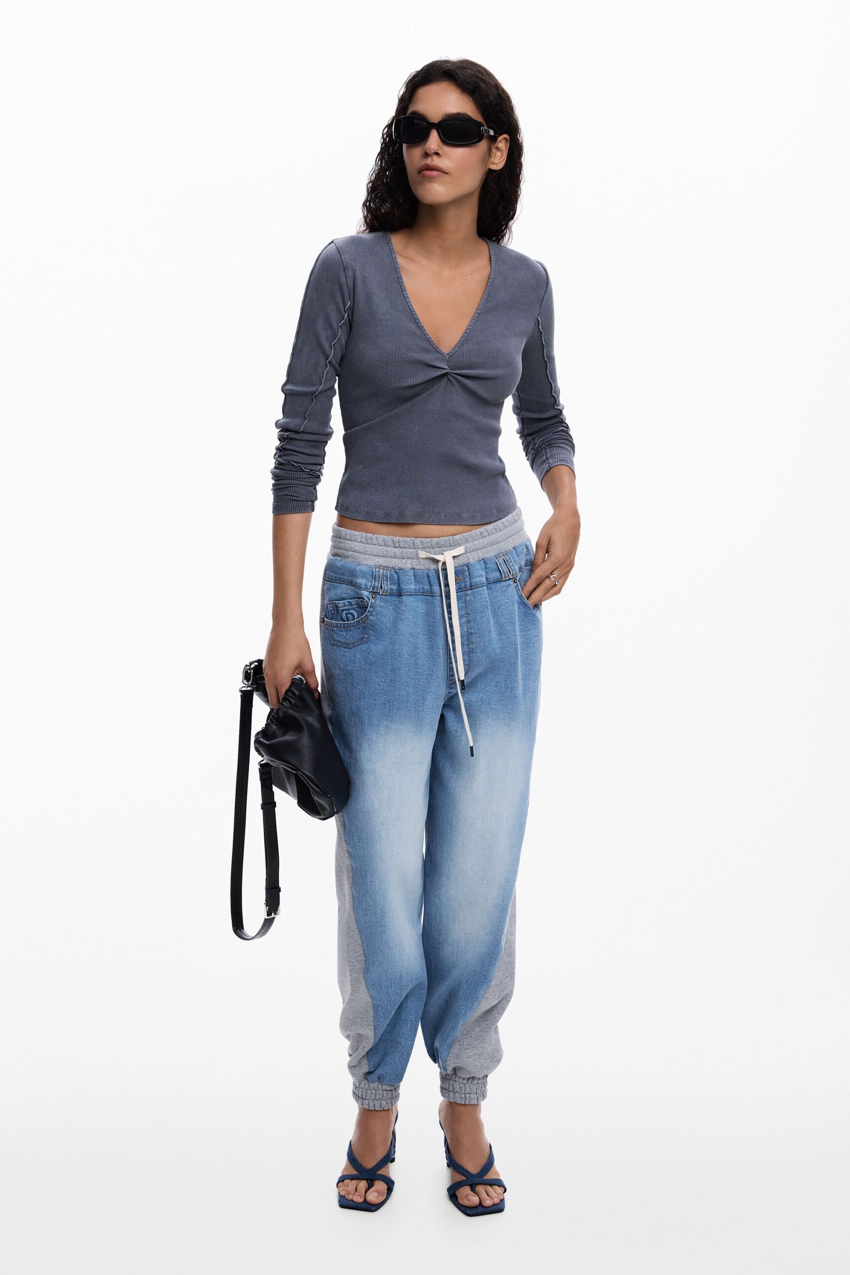 Geribbelde knoop T-shirt - BLACK - XL