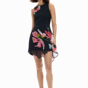 Asymmetrische bloemenjurk - BLACK - XL